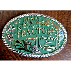 John Deere My Heart Belongs to my Tractor Belt Buckle Green Silver Tone Logo